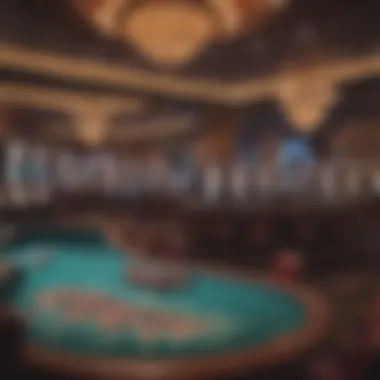Lively Casino Interior with Gaming Tables Interior of a lively casino filled with gaming tables and slot machines