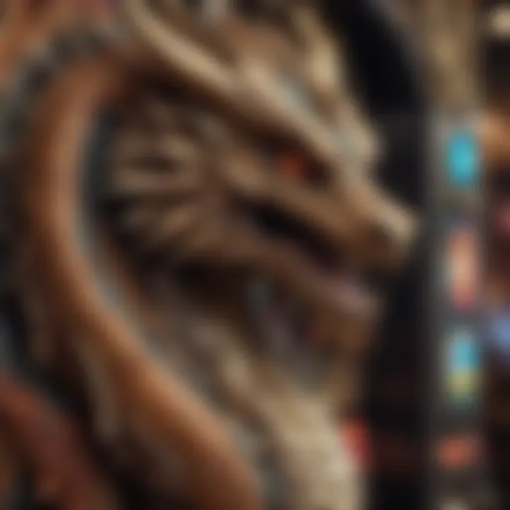 Close-up of a dragon-themed slot machine with intricate designs