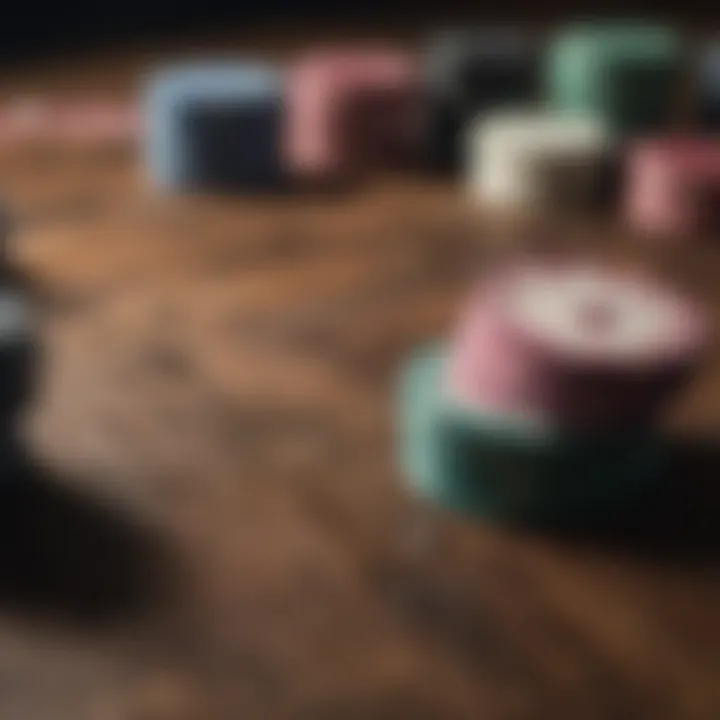 A close-up of poker chips and cards on a wooden table.