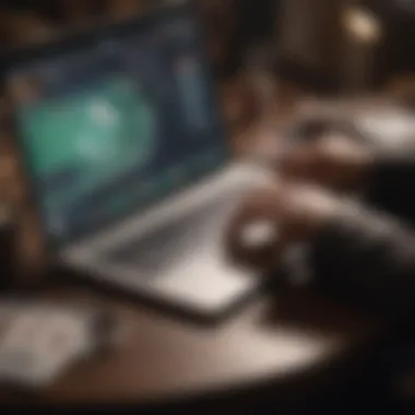 A strategic poker player analyzing their hand on a laptop